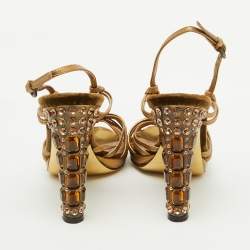 Miu Miu Gold Leather Crystal Embellished Heel Strappy Sandals Size 36