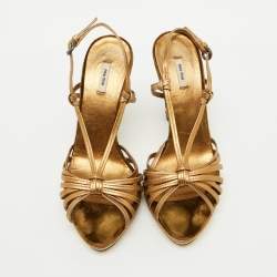 Miu Miu Gold Leather Crystal Embellished Heel Strappy Sandals Size 36