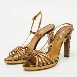 Miu Miu Gold Leather Crystal Embellished Heel Strappy Sandals Size 36
