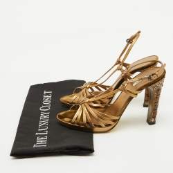 Miu Miu Gold Leather Crystal Embellished Heel Strappy Sandals Size 36