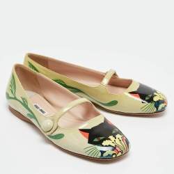 Miu Miu Green Cat Print Patent Leather Ballet Flats Size 36