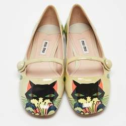 Miu Miu Green Cat Print Patent Leather Ballet Flats Size 36