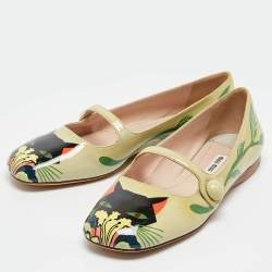 Miu Miu Green Cat Print Patent Leather Ballet Flats Size 36