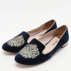 Miu Miu Blue Embroidered Velvet Crystal Embellished Smoking Slippers Size 37