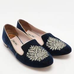 Miu Miu Blue Embroidered Velvet Crystal Embellished Smoking Slippers Size 37