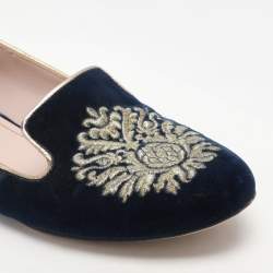 Miu Miu Blue Embroidered Velvet Crystal Embellished Smoking Slippers Size 37