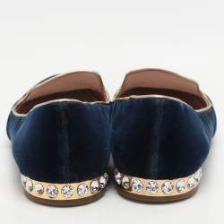Miu Miu Blue Embroidered Velvet Crystal Embellished Smoking Slippers Size 37