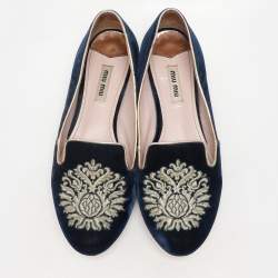 Miu Miu Blue Embroidered Velvet Crystal Embellished Smoking Slippers Size 37