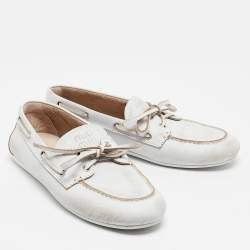 Miu Miu White Distressed Leather Bow Slip On Boat Shoes Size 36.5