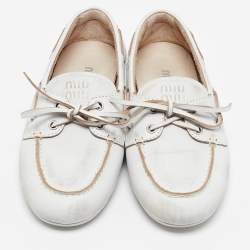 Miu Miu White Distressed Leather Bow Slip On Boat Shoes Size 36.5