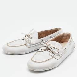 Miu Miu White Distressed Leather Bow Slip On Boat Shoes Size 36.5