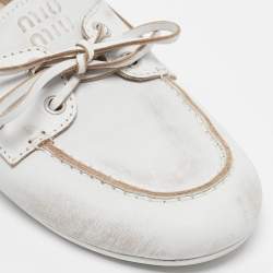 Miu Miu White Distressed Leather Bow Slip On Boat Shoes Size 36.5