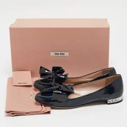 Miu Miu Navy Blue Patent Leather Bow Crystals Embellished Smoking Slippers Size 36