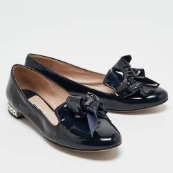 Miu Miu Navy Blue Patent Leather Bow Crystals Embellished Smoking Slippers Size 36