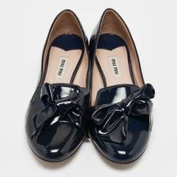 Miu Miu Navy Blue Patent Leather Bow Crystals Embellished Smoking Slippers Size 36