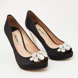 Miu Miu Black Satin Crystal Embellished Peep Toe Platform Pumps Size 37