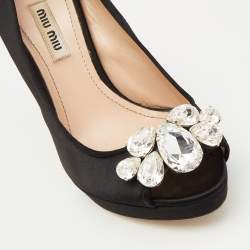 Miu Miu Black Satin Crystal Embellished Peep Toe Platform Pumps Size 37