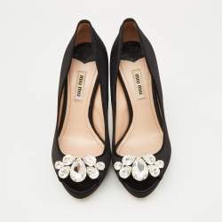 Miu Miu Black Satin Crystal Embellished Peep Toe Platform Pumps Size 37