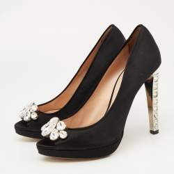 Miu Miu Black Satin Crystal Embellished Peep Toe Platform Pumps Size 37