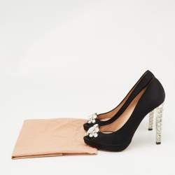Miu Miu Black Satin Crystal Embellished Peep Toe Platform Pumps Size 37