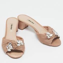 Miu Miu Beige Fabric Crystal Embellished Slide Sandals Size 38.5