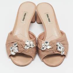 Miu Miu Beige Fabric Crystal Embellished Slide Sandals Size 38.5