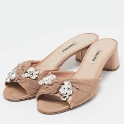 Miu Miu Beige Fabric Crystal Embellished Slide Sandals Size 38.5
