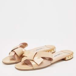 Miu Miu Beige Patent Leather Bow Crystal Embellished Flat Slides Size 36