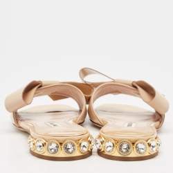 Miu Miu Beige Patent Leather Bow Crystal Embellished Flat Slides Size 36