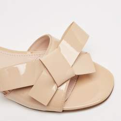 Miu Miu Beige Patent Leather Bow Crystal Embellished Flat Slides Size 36