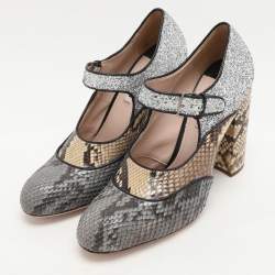 Miu Miu Multicolor Glitter and Python Leather Block Heel Pumps Size 40