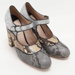 Miu Miu Multicolor Glitter and Python Leather Block Heel Pumps Size 40