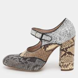 Miu Miu Multicolor Glitter and Python Leather Block Heel Pumps Size 40