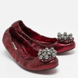 Miu Miu Burgundy Texture Leather Scrunch Ballet Flats Size 40
