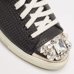 Miu Miu Black Leather Crystal Embellished Cap Toe Low Top Sneakers Size 37.5