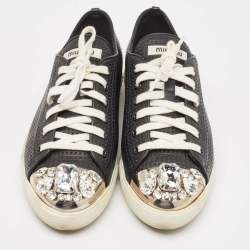 Miu Miu Black Leather Crystal Embellished Cap Toe Low Top Sneakers Size 37.5