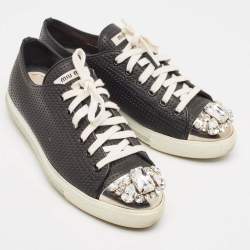 Miu Miu Black Leather Crystal Embellished Cap Toe Low Top Sneakers Size 37.5