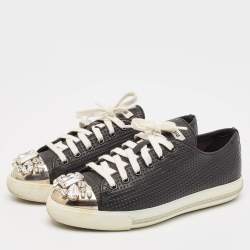Miu Miu Black Leather Crystal Embellished Cap Toe Low Top Sneakers Size 37.5