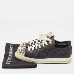 Miu Miu Black Leather Crystal Embellished Cap Toe Low Top Sneakers Size 37.5