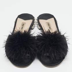Miu Miu Black Ostrich Feather and Satin Crystals Embellished Slide Flats Size 38.5