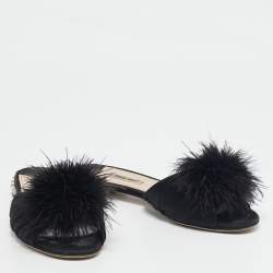 Miu Miu Black Ostrich Feather and Satin Crystals Embellished Slide Flats Size 38.5