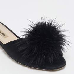 Miu Miu Black Ostrich Feather and Satin Crystals Embellished Slide Flats Size 38.5