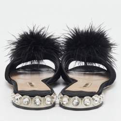 Miu Miu Black Ostrich Feather and Satin Crystals Embellished Slide Flats Size 38.5