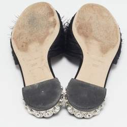 Miu Miu Black Ostrich Feather and Satin Crystals Embellished Slide Flats Size 38.5
