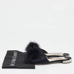 Miu Miu Black Ostrich Feather and Satin Crystals Embellished Slide Flats Size 38.5