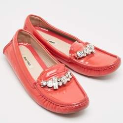 Miu Miu Red Patent Leather Crystal Embellished Smoking Slippers Size 37
