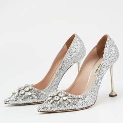 Miu Miu Silver Studded Glitter Crystal Embellished Pointed-Toe Pumps Size 39
