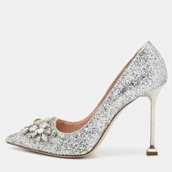 Miu Miu Silver Studded Glitter Crystal Embellished Pointed-Toe Pumps Size 39