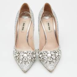 Miu Miu Silver Studded Glitter Crystal Embellished Pointed-Toe Pumps Size 39