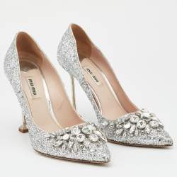 Miu Miu Silver Studded Glitter Crystal Embellished Pointed-Toe Pumps Size 39